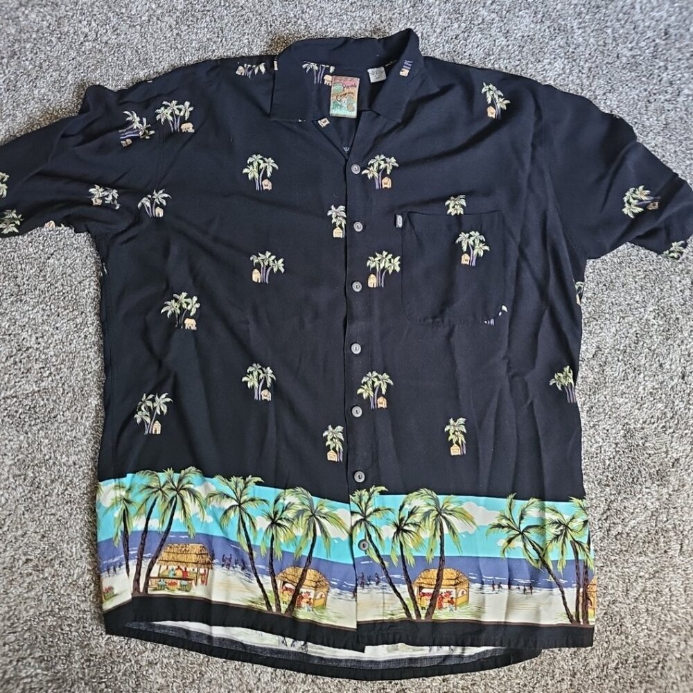 Y2K Pineapple Connection Tiki Hut Hawaiian Button Down Mens 2XLT Black Palm Tree